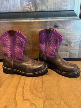 Ariat Kids Brown Leather Boots with Purple Shaft